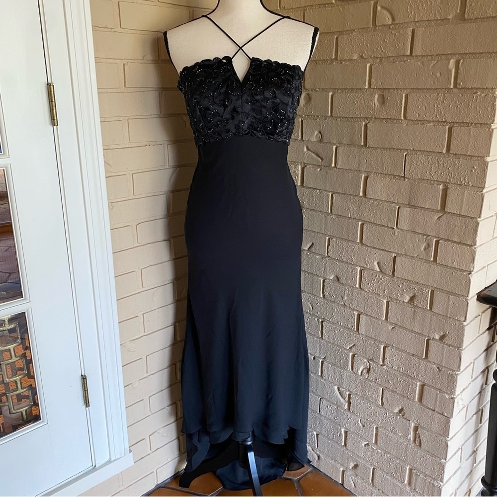 Vintage Cachet Y2K Black Beaded Maxi Dress. High Low Chiffon Prom Vamp Size 8